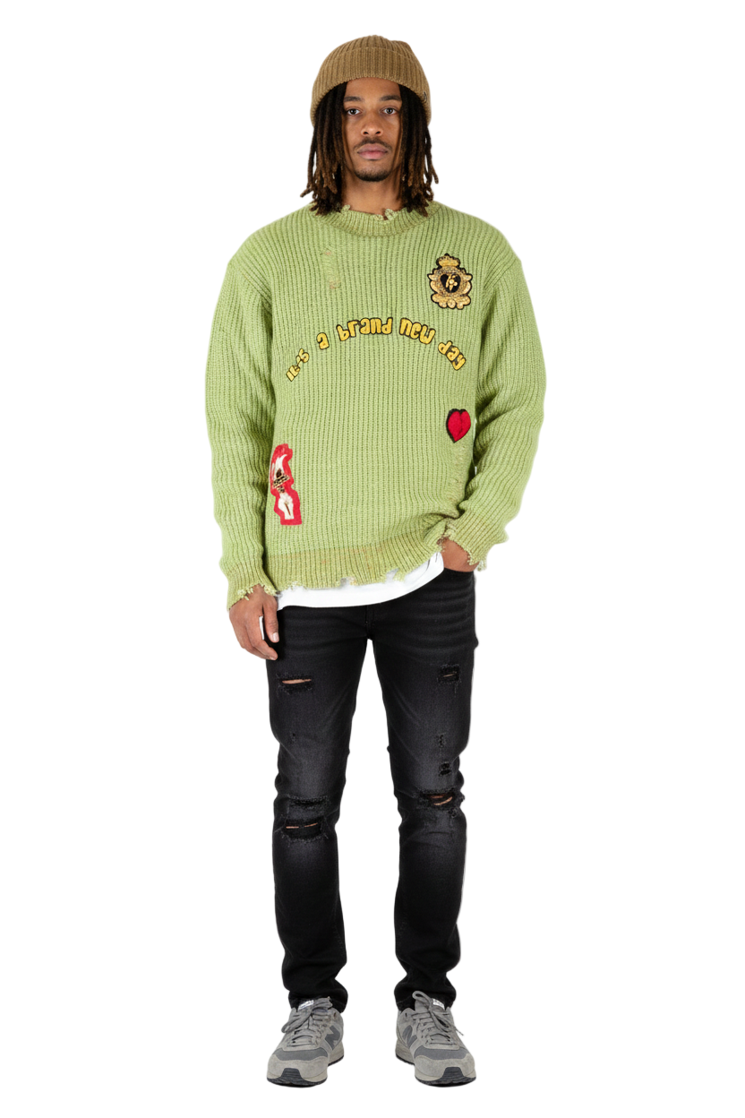 ORION Heavy Gauge Ripped Knit Sweater with patches – Love to Kleep ORION Heavy Gauge Ripped Knit Sweater with patches – Love to Kleep