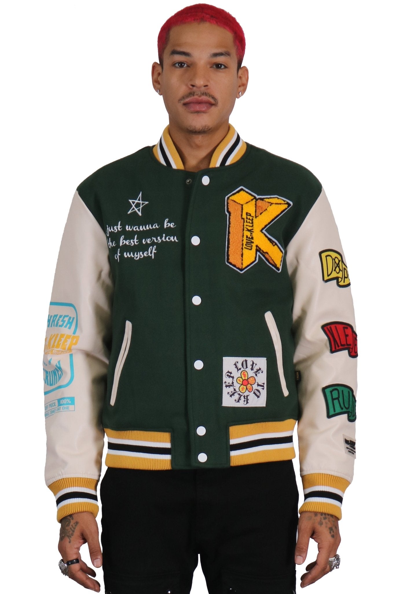 【 M&M 】HEAVY MELTON STADIUM JACKET / L Green and Off White MMXV Stadium Varsity Jacket - Jackets