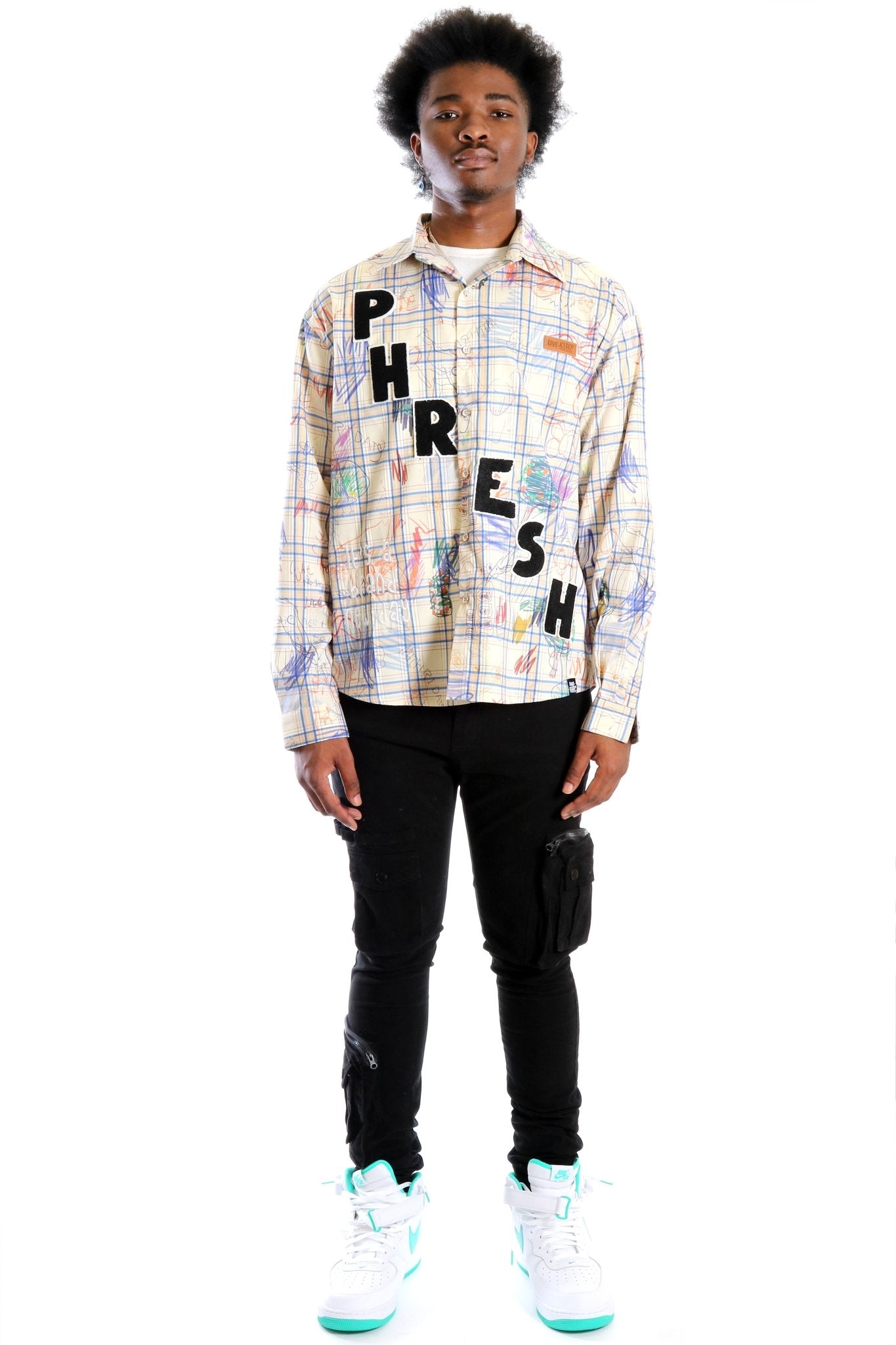 Nirve L.T.K. Men's premium Long Sleeve Plaid button down shirt with hand sketch drawing pop art - Love to KleepMen's ShirtKLEEPLove to Kleep