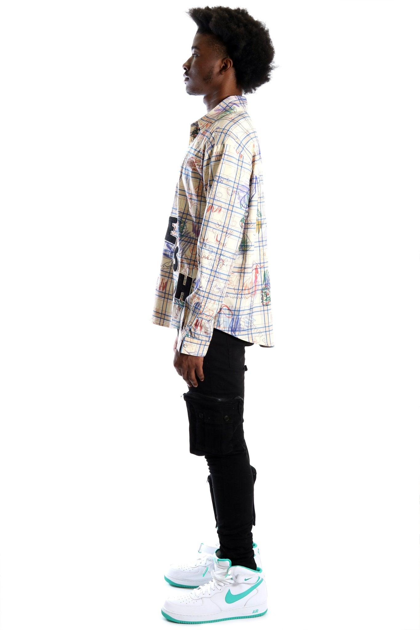 Nirve L.T.K. Men's premium Long Sleeve Plaid button down shirt with hand sketch drawing pop art - Love to KleepMen's ShirtKLEEPLove to Kleep