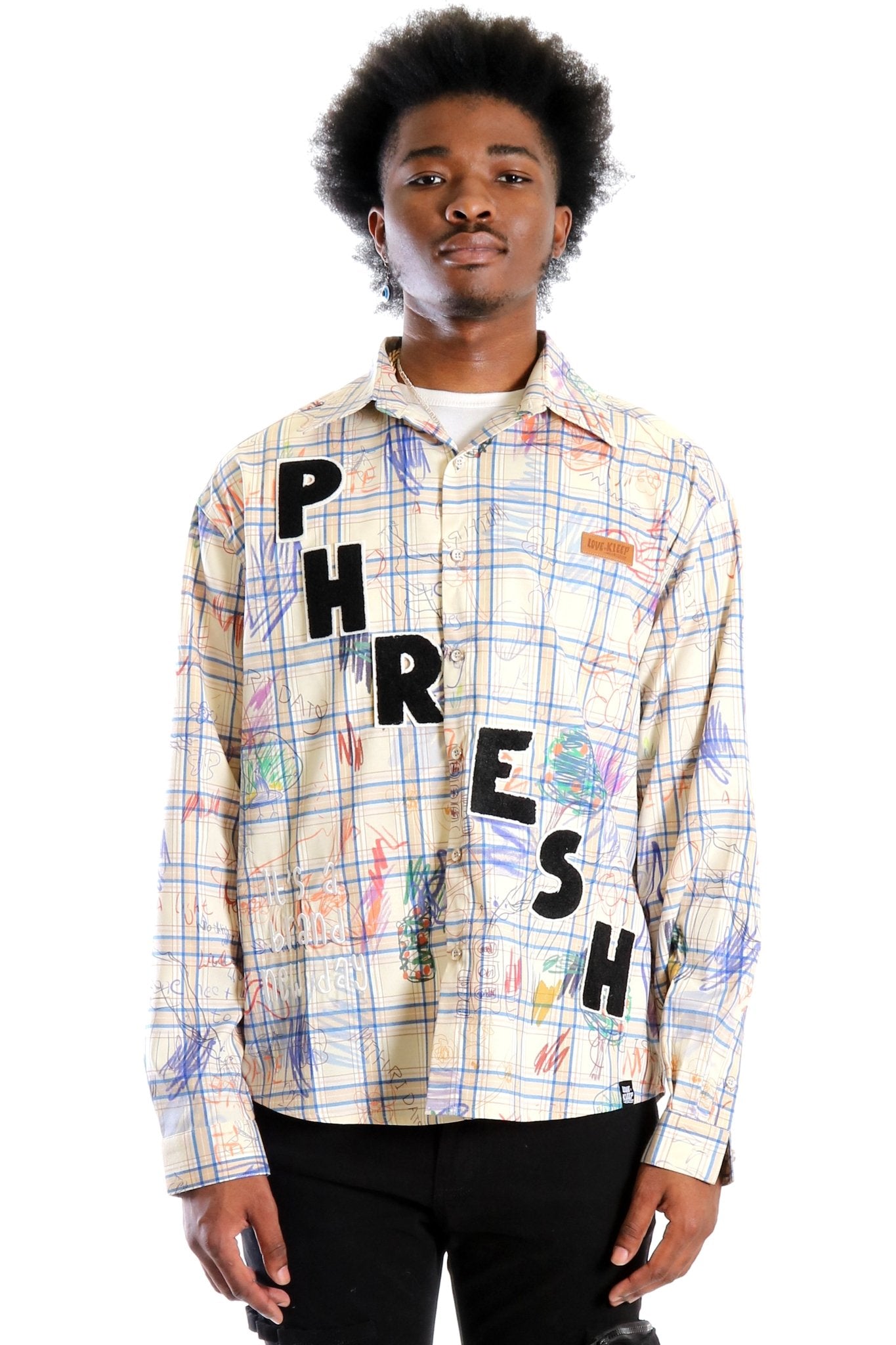 Nirve L.T.K. Men's premium Long Sleeve Plaid button down shirt with hand sketch drawing pop art - Love to KleepMen's ShirtKLEEPLove to Kleep