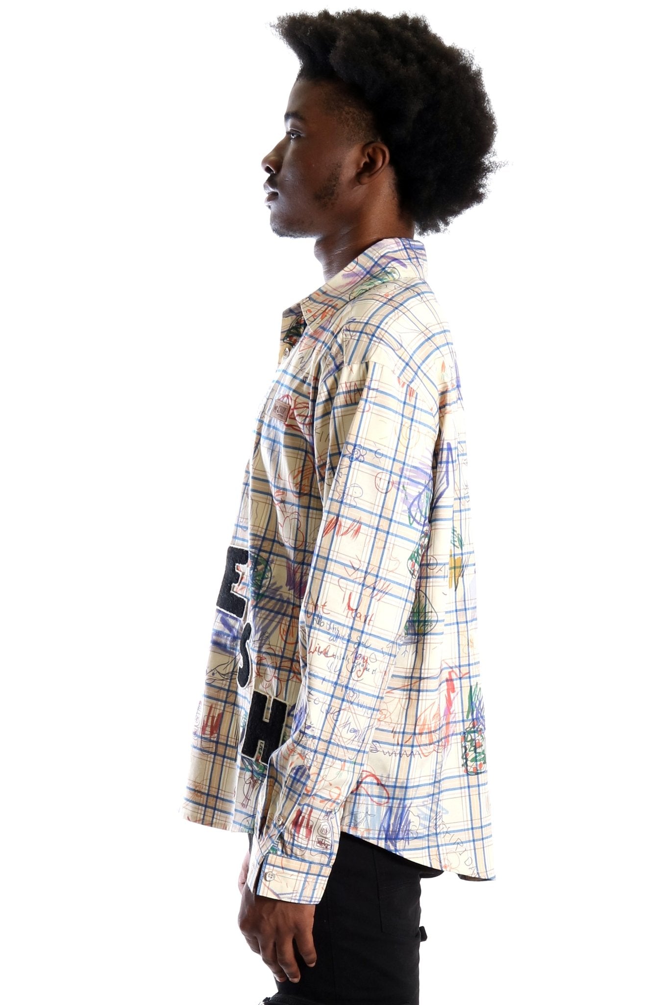 Nirve L.T.K. Men's premium Long Sleeve Plaid button down shirt with hand sketch drawing pop art - Love to KleepMen's ShirtKLEEPLove to Kleep