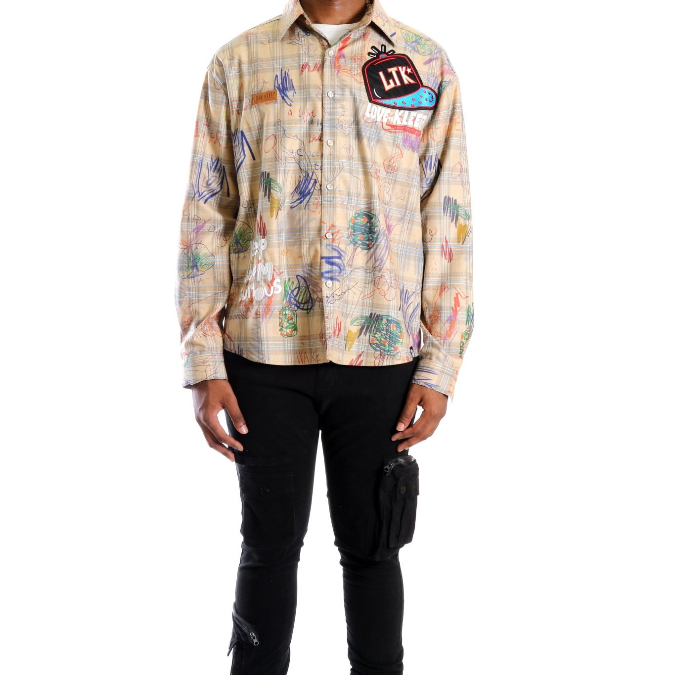 Maxis L.T.K. Men's premium Long Sleeve Plaid button down shirt with hand sketch drawing pop art - Love to KleepMen's ShirtKLEEPLove to Kleep