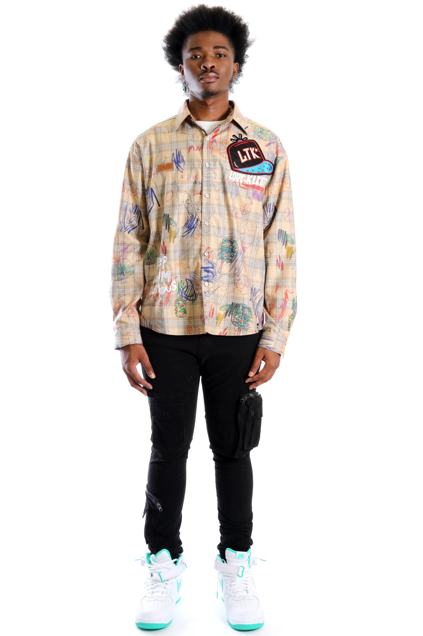 Maxis L.T.K. Men's premium Long Sleeve Plaid button down shirt with hand sketch drawing pop art - Love to KleepMen's ShirtKLEEPLove to Kleep