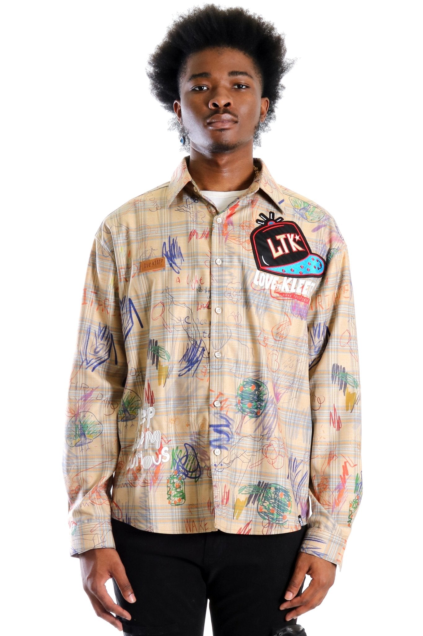 Maxis L.T.K. Men's premium Long Sleeve Plaid button down shirt with hand sketch drawing pop art - Love to KleepMen's ShirtKLEEPLove to Kleep