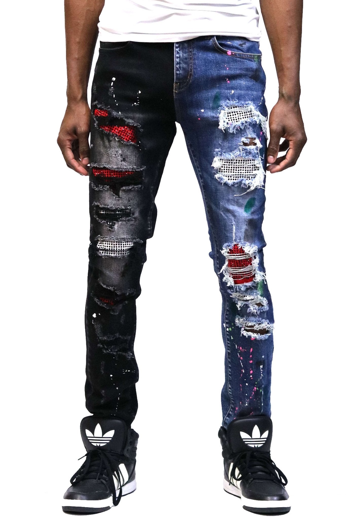 Aspen Men's heavy washed half and half two tone washing stretchable skinny denim pants with rhinestone details. - Love to KleepMen's PantsKLEEPLove to Kleep