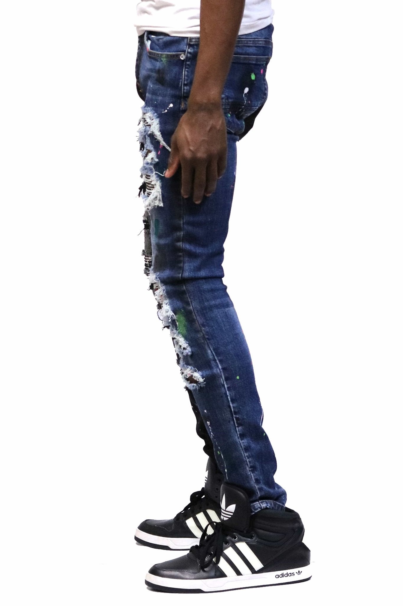 Aspen Men's heavy washed half and half two tone washing stretchable skinny denim pants with rhinestone details. - Love to KleepMen's PantsKLEEPLove to Kleep