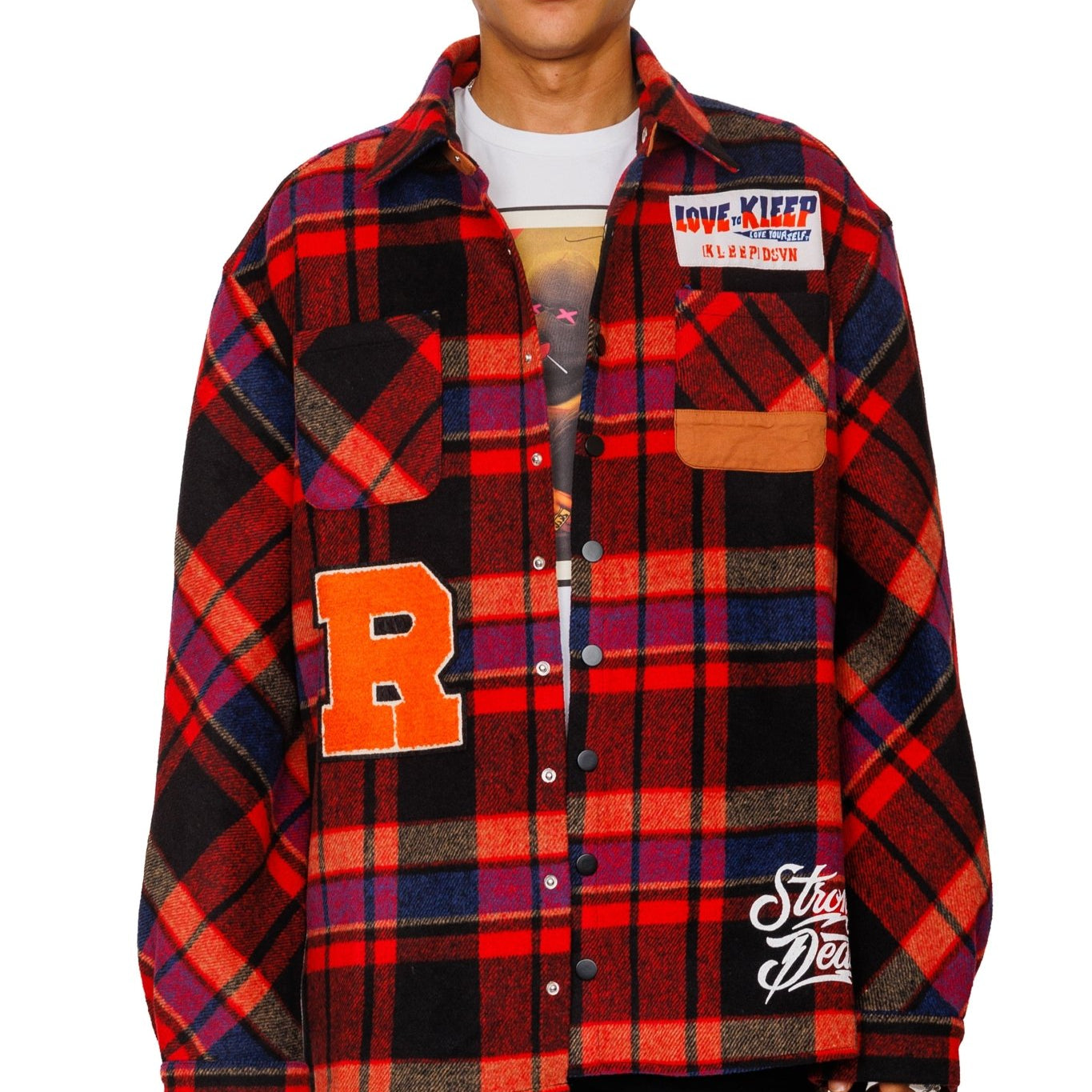 AUREOLIN Men's graphic prints and patches red plaid pattern cotton heavy flannel elongated oversize snap button outer shirt. - Love to KleepMen's Heavy Flannel Oversize Outer ShirtKLEEPLove to Kleep