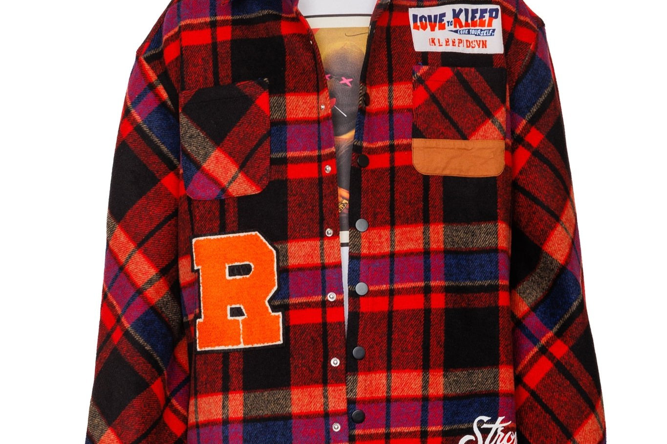 AUREOLIN Men's graphic prints and patches red plaid pattern cotton heavy flannel elongated oversize snap button outer shirt. - Love to KleepMen's Heavy Flannel Oversize Outer ShirtKLEEPLove to Kleep