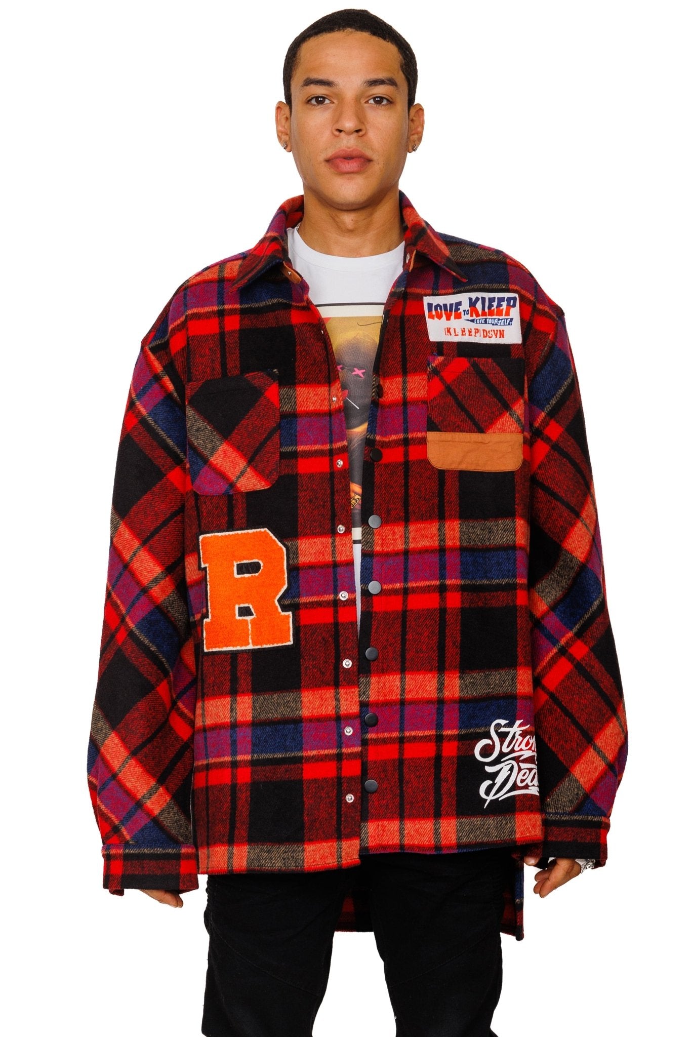 AUREOLIN Men's graphic prints and patches red plaid pattern cotton heavy flannel elongated oversize snap button outer shirt. - Love to KleepMen's Heavy Flannel Oversize Outer ShirtKLEEPLove to Kleep