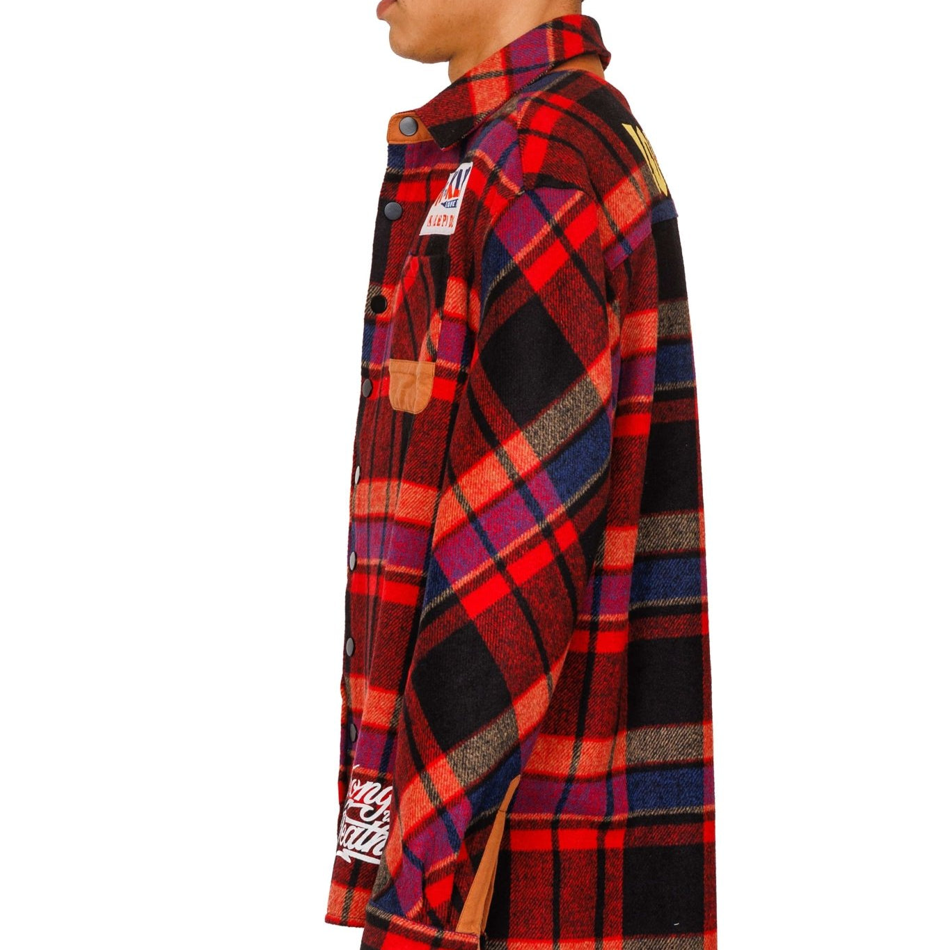 AUREOLIN Men's graphic prints and patches red plaid pattern cotton heavy flannel elongated oversize snap button outer shirt. - Love to KleepMen's Heavy Flannel Oversize Outer ShirtKLEEPLove to Kleep
