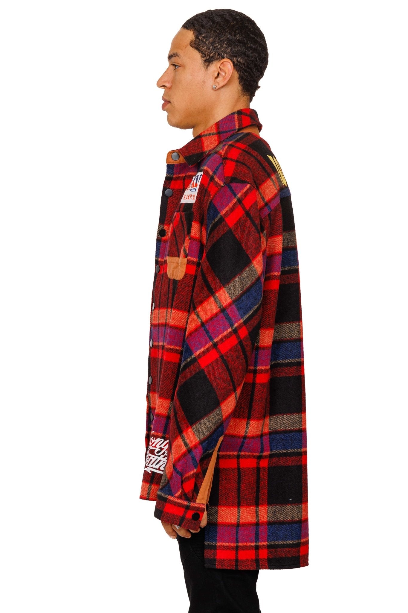 AUREOLIN Men's graphic prints and patches red plaid pattern cotton heavy flannel elongated oversize snap button outer shirt. - Love to KleepMen's Heavy Flannel Oversize Outer ShirtKLEEPLove to Kleep