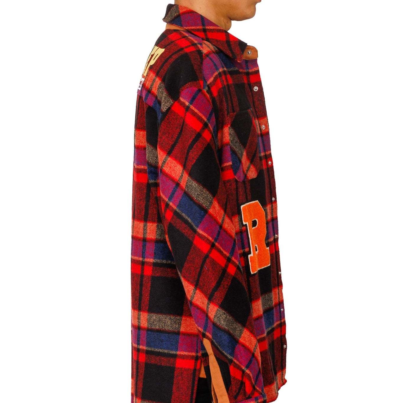 AUREOLIN Men's graphic prints and patches red plaid pattern cotton heavy flannel elongated oversize snap button outer shirt. - Love to KleepMen's Heavy Flannel Oversize Outer ShirtKLEEPLove to Kleep