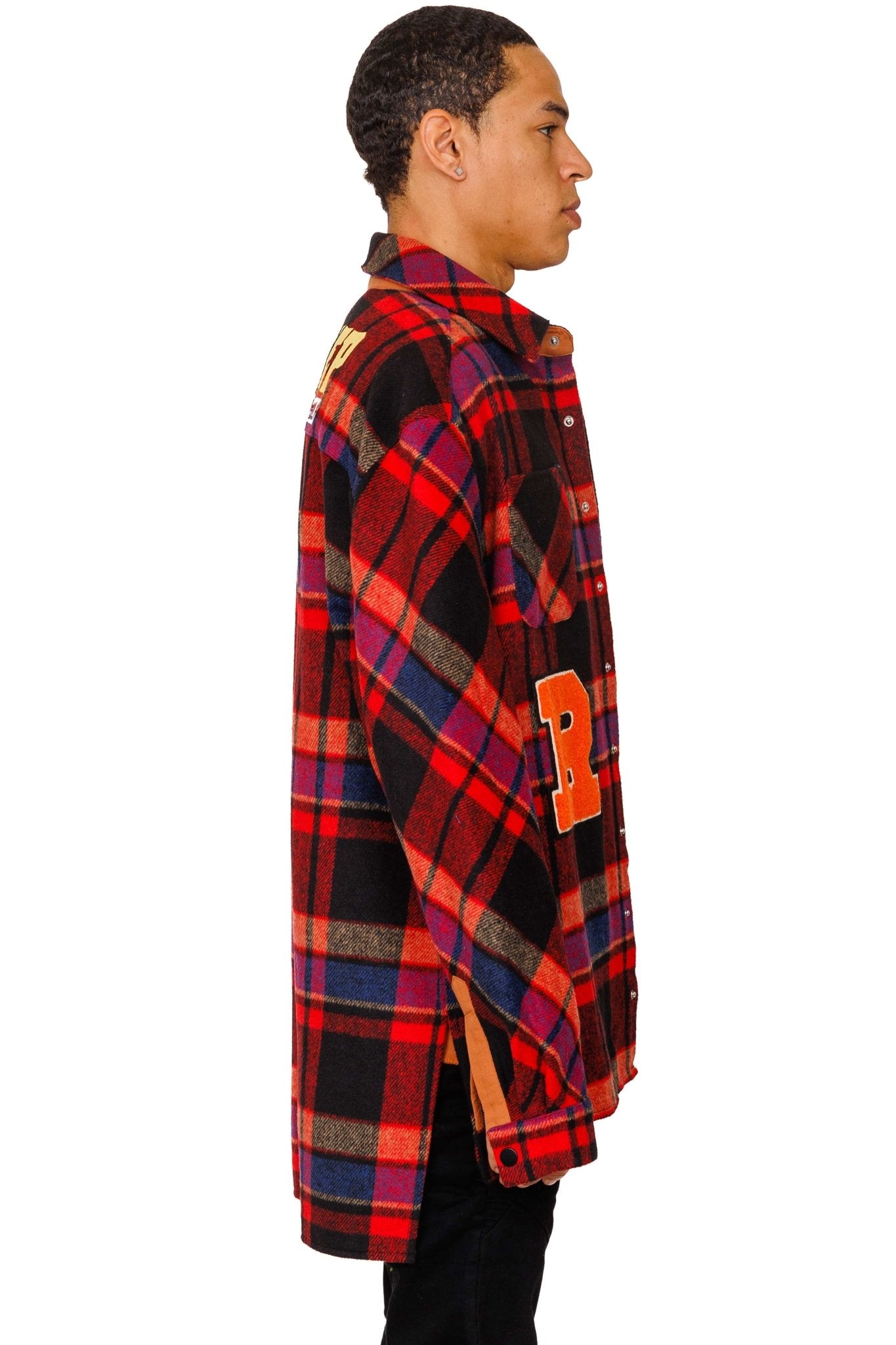 AUREOLIN Men's graphic prints and patches red plaid pattern cotton heavy flannel elongated oversize snap button outer shirt. - Love to KleepMen's Heavy Flannel Oversize Outer ShirtKLEEPLove to Kleep