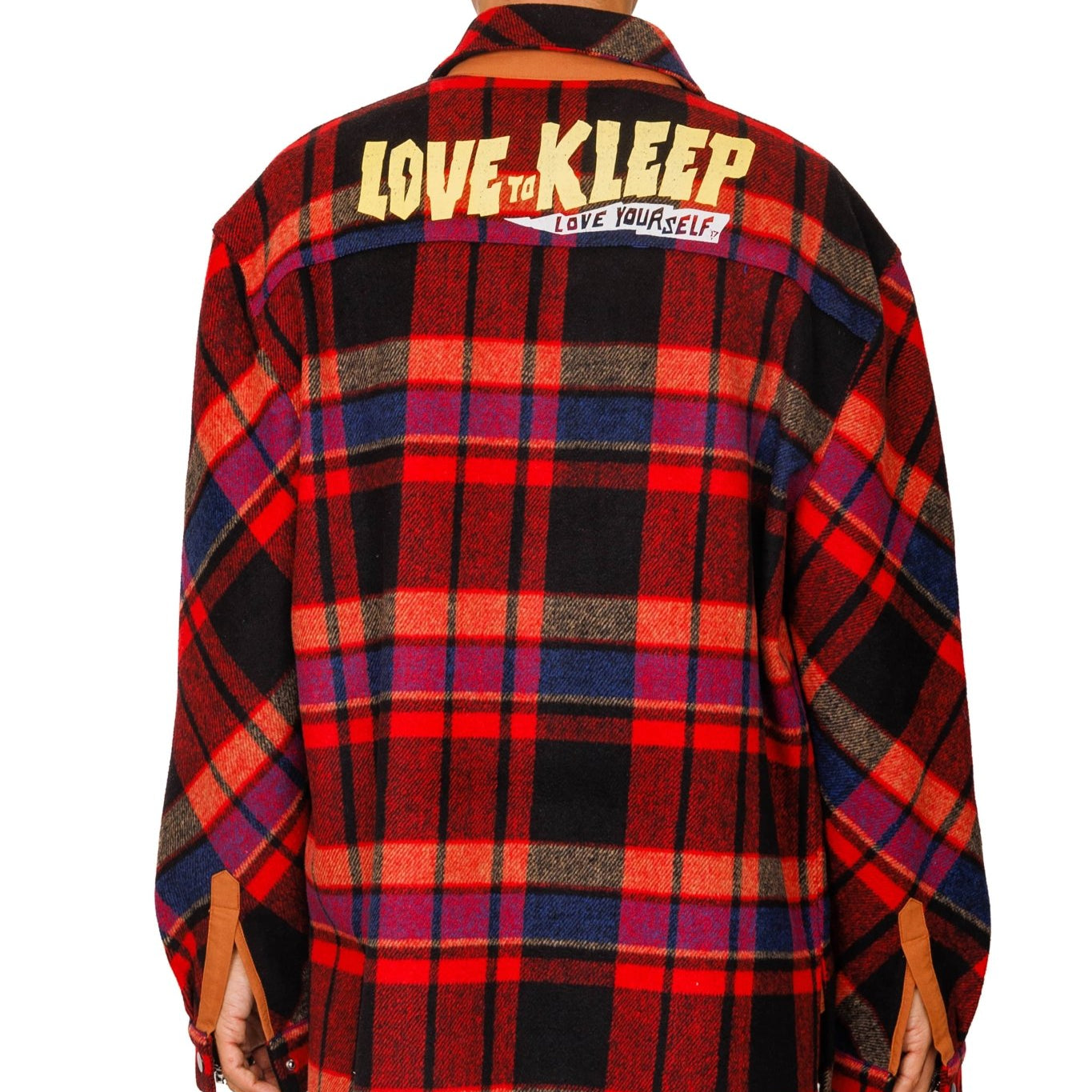 AUREOLIN Men's graphic prints and patches red plaid pattern cotton heavy flannel elongated oversize snap button outer shirt. - Love to KleepMen's Heavy Flannel Oversize Outer ShirtKLEEPLove to Kleep