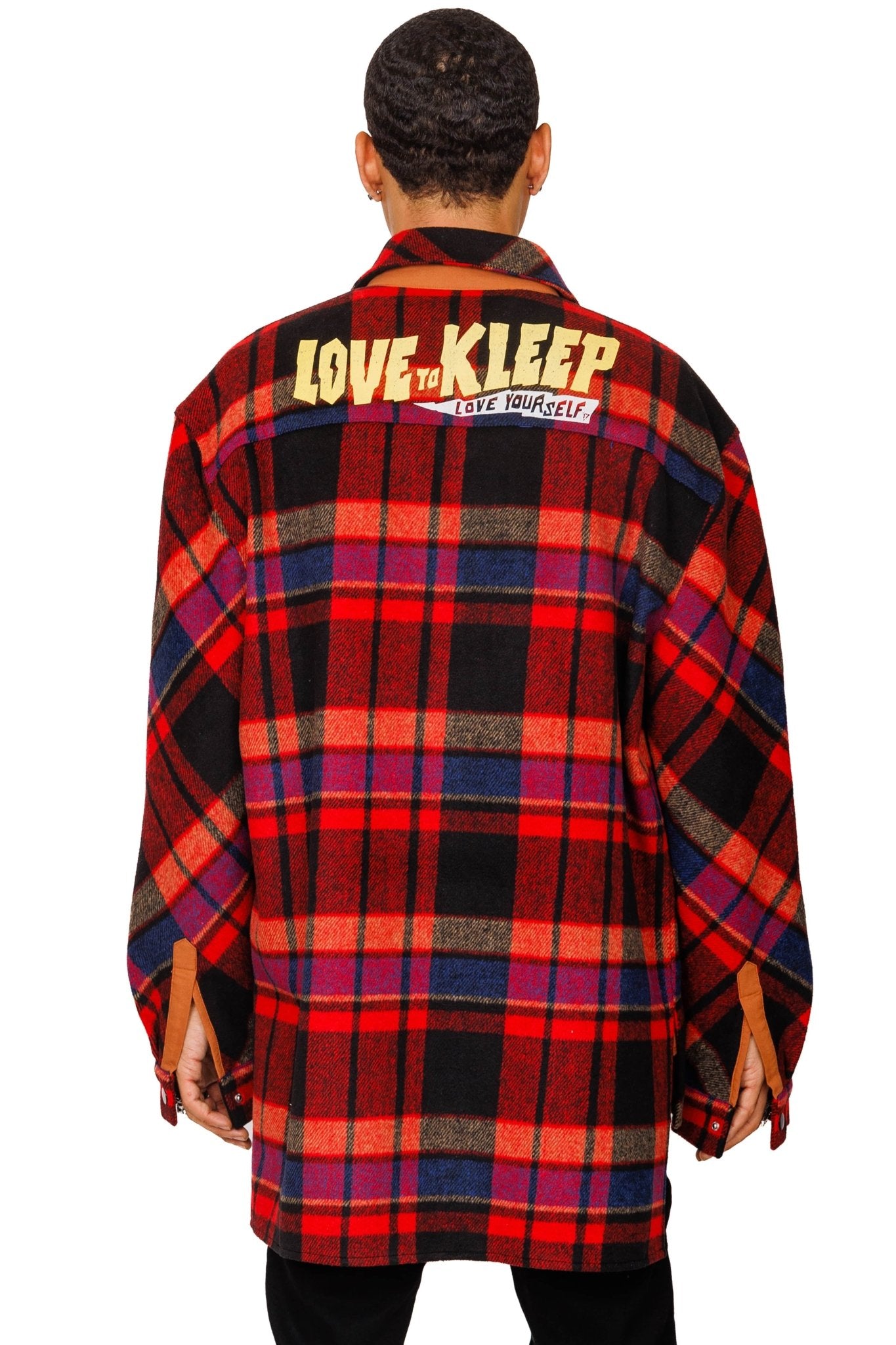 AUREOLIN Men's graphic prints and patches red plaid pattern cotton heavy flannel elongated oversize snap button outer shirt. - Love to KleepMen's Heavy Flannel Oversize Outer ShirtKLEEPLove to Kleep