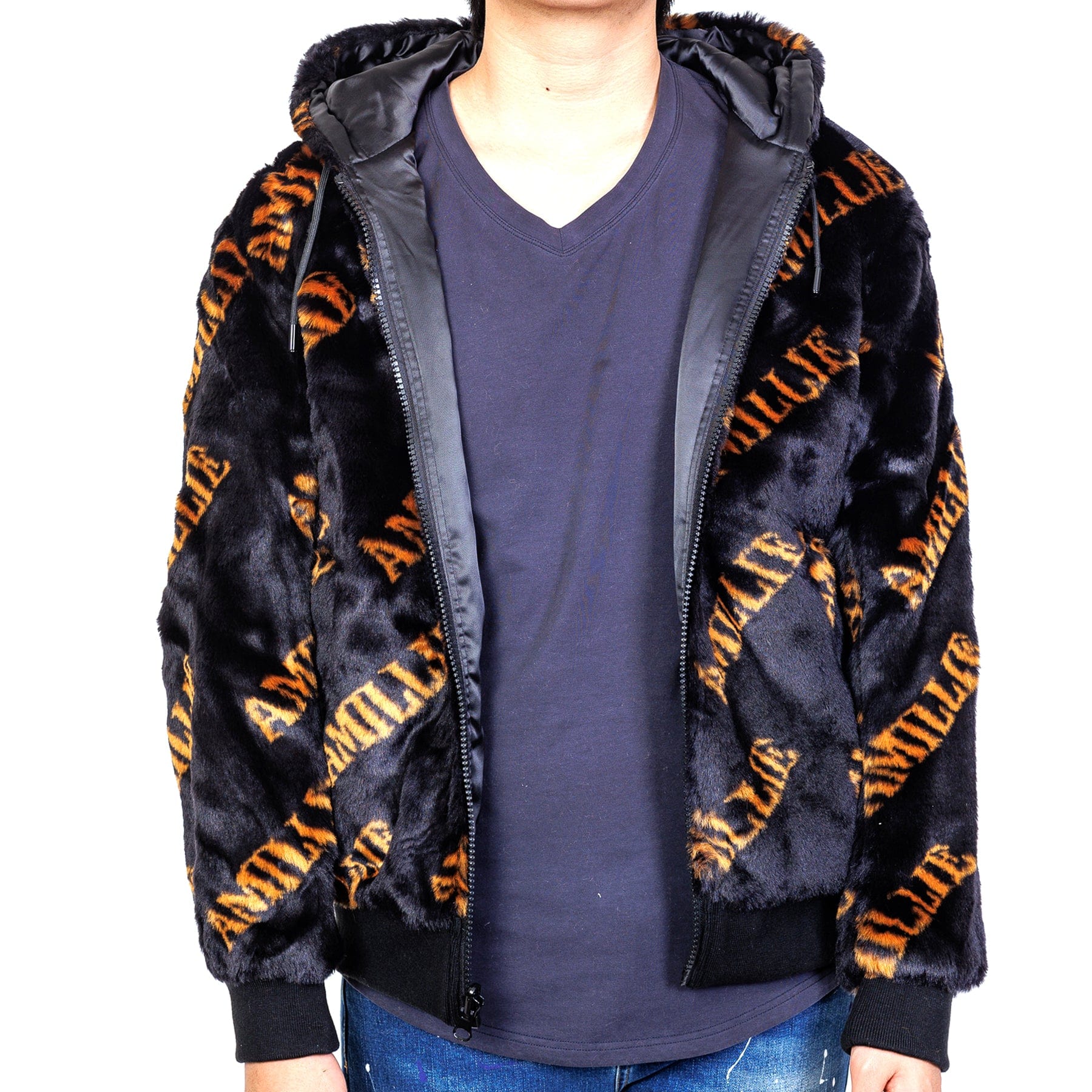 Jeff Black Reversible Faux Fur Bomber Jacket with Amillion typo