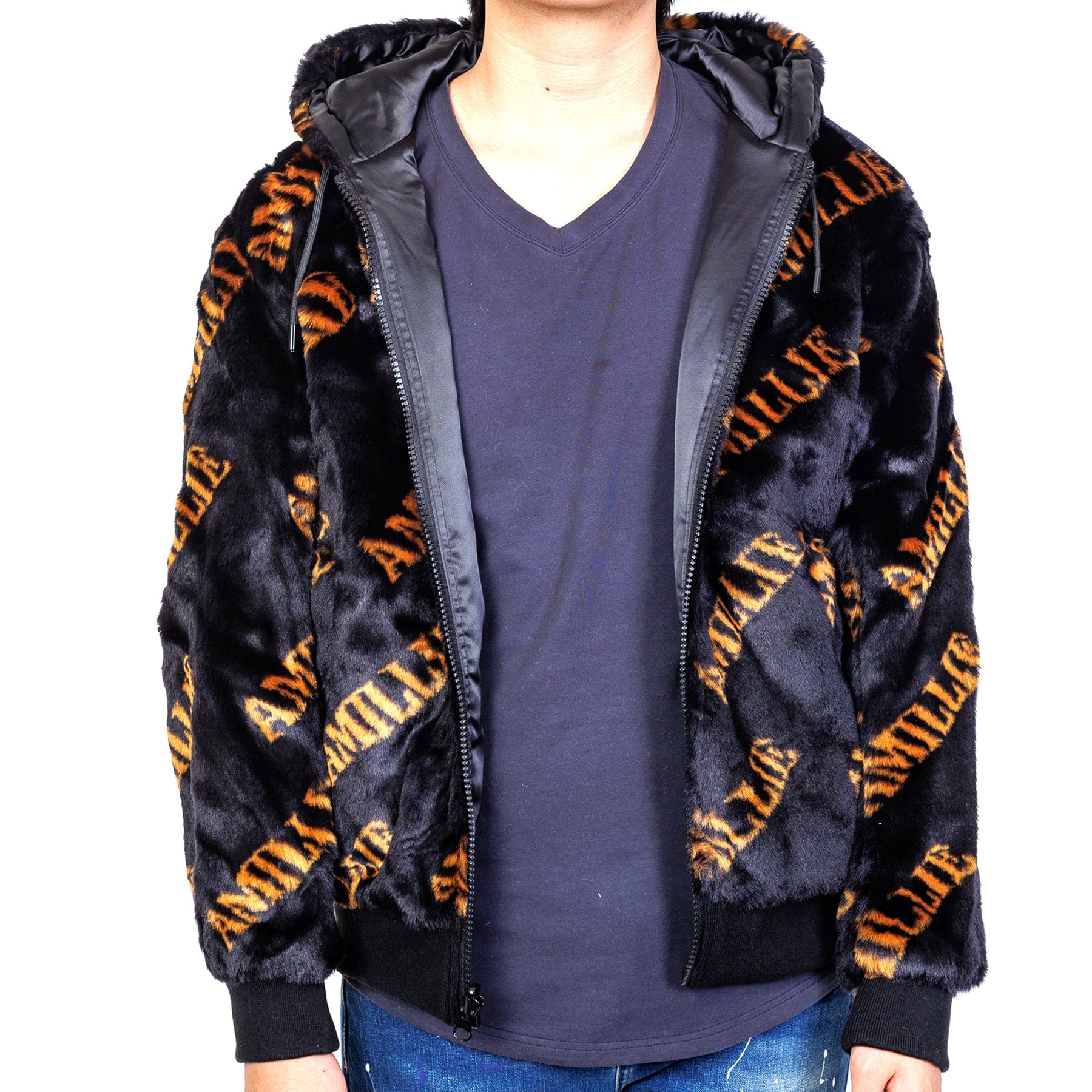 Jeff Black Reversible Faux Fur Bomber Jacket with Amillion typo pattern - Love to KleepCoats & JacketsAMILLION BY KLEEPLove to Kleep