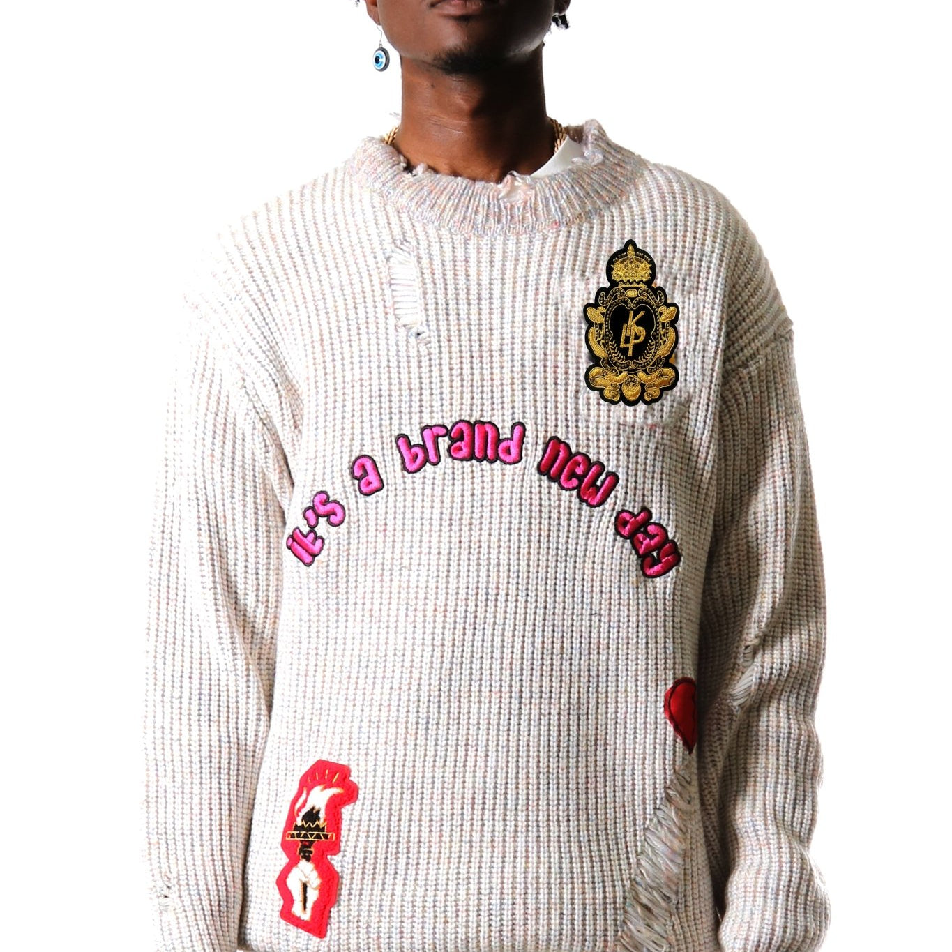 KELVE Heavy Gauge Ripped Knit Sweater with patches - Love to KleepMen's SweaterKLEEPLove to Kleep