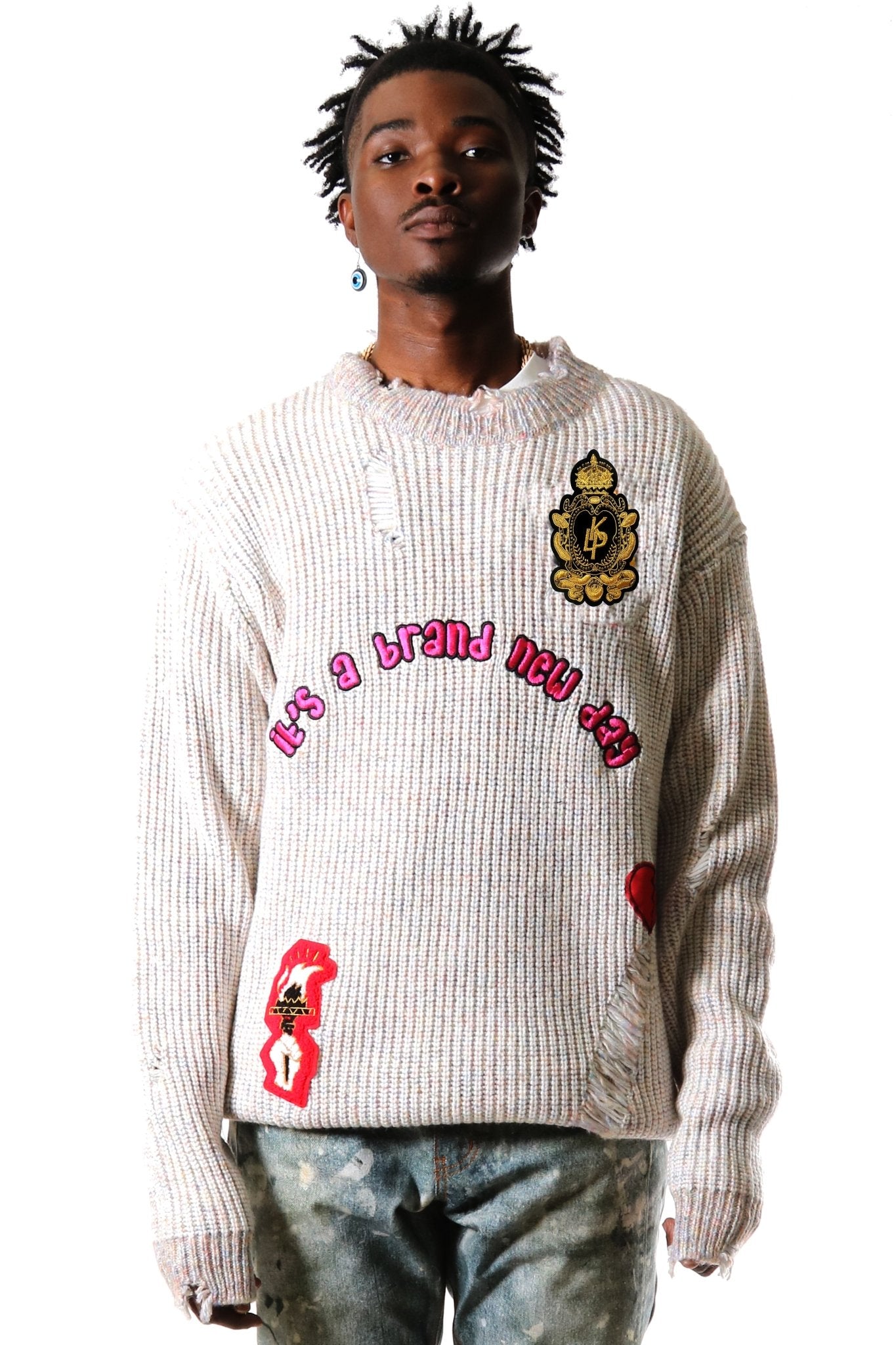 KELVE Heavy Gauge Ripped Knit Sweater with patches - Love to KleepMen's SweaterKLEEPLove to Kleep