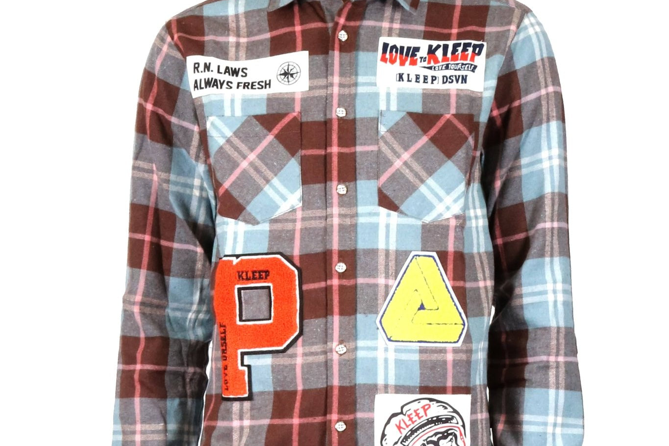 BANAN Men's graphic prints and patches blue tone plaid pattern cotton flannel button down shirt - Love to KleepMen's ShirtKLEEPLove to Kleep