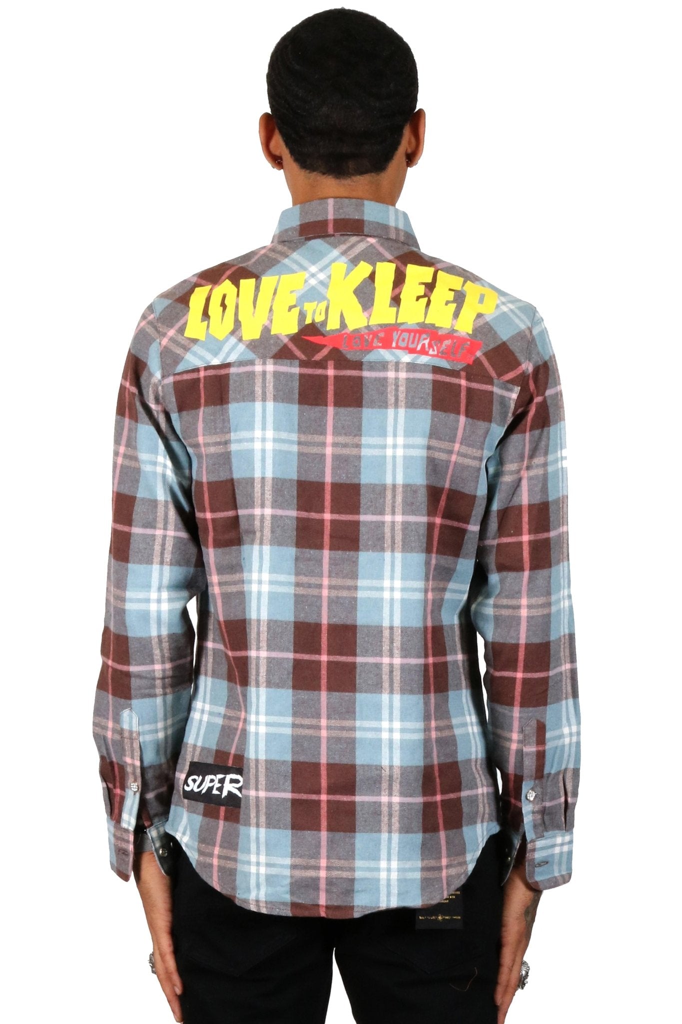 BANAN Men's graphic prints and patches blue tone plaid pattern cotton flannel button down shirt - Love to KleepMen's ShirtKLEEPLove to Kleep