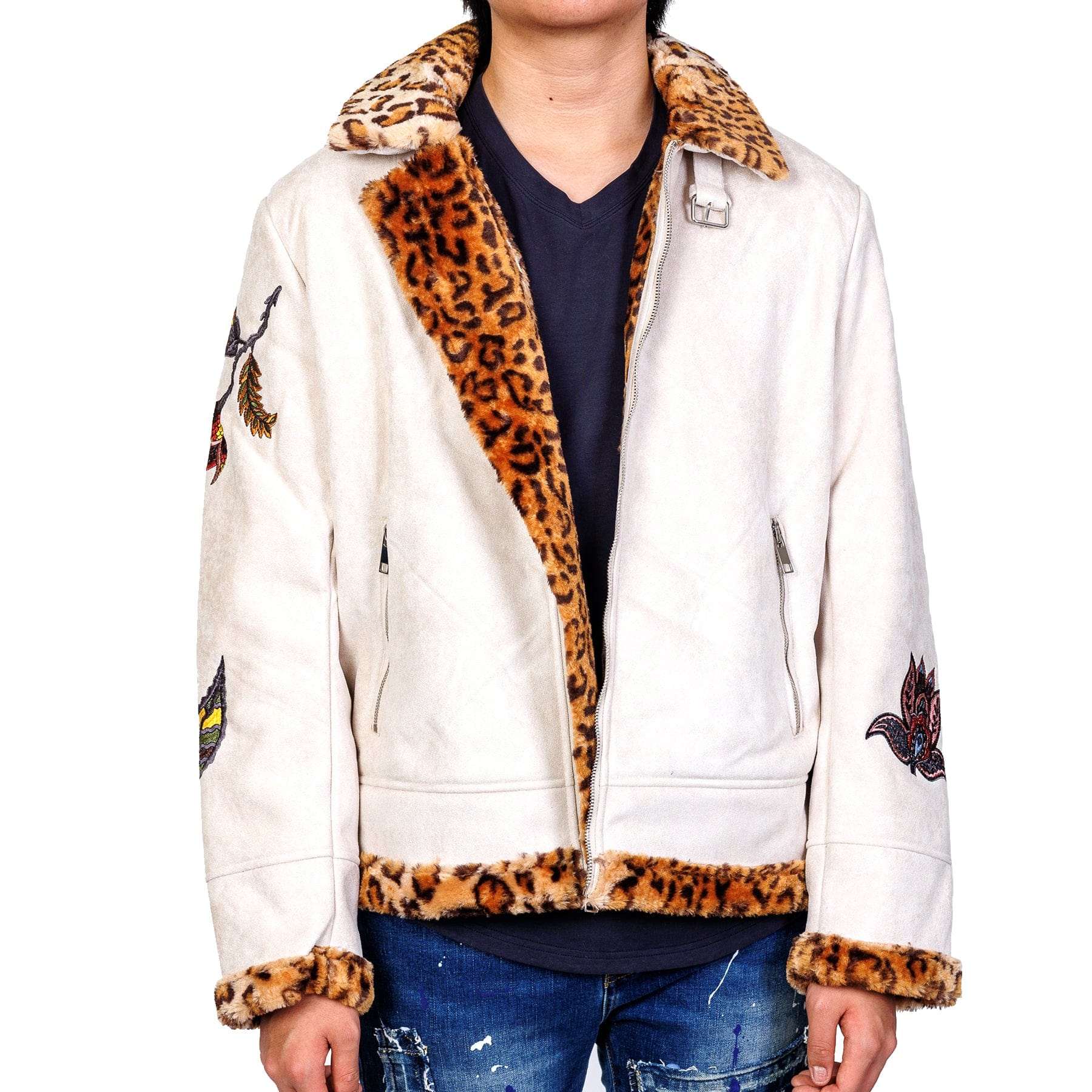 Men wearing winter leopard suede jacket