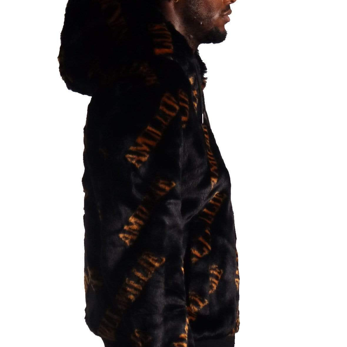 Jeff Black Reversible Faux Fur Bomber Jacket with Amillion typo pattern - Love to KleepCoats & JacketsAMILLION BY KLEEPLove to Kleep