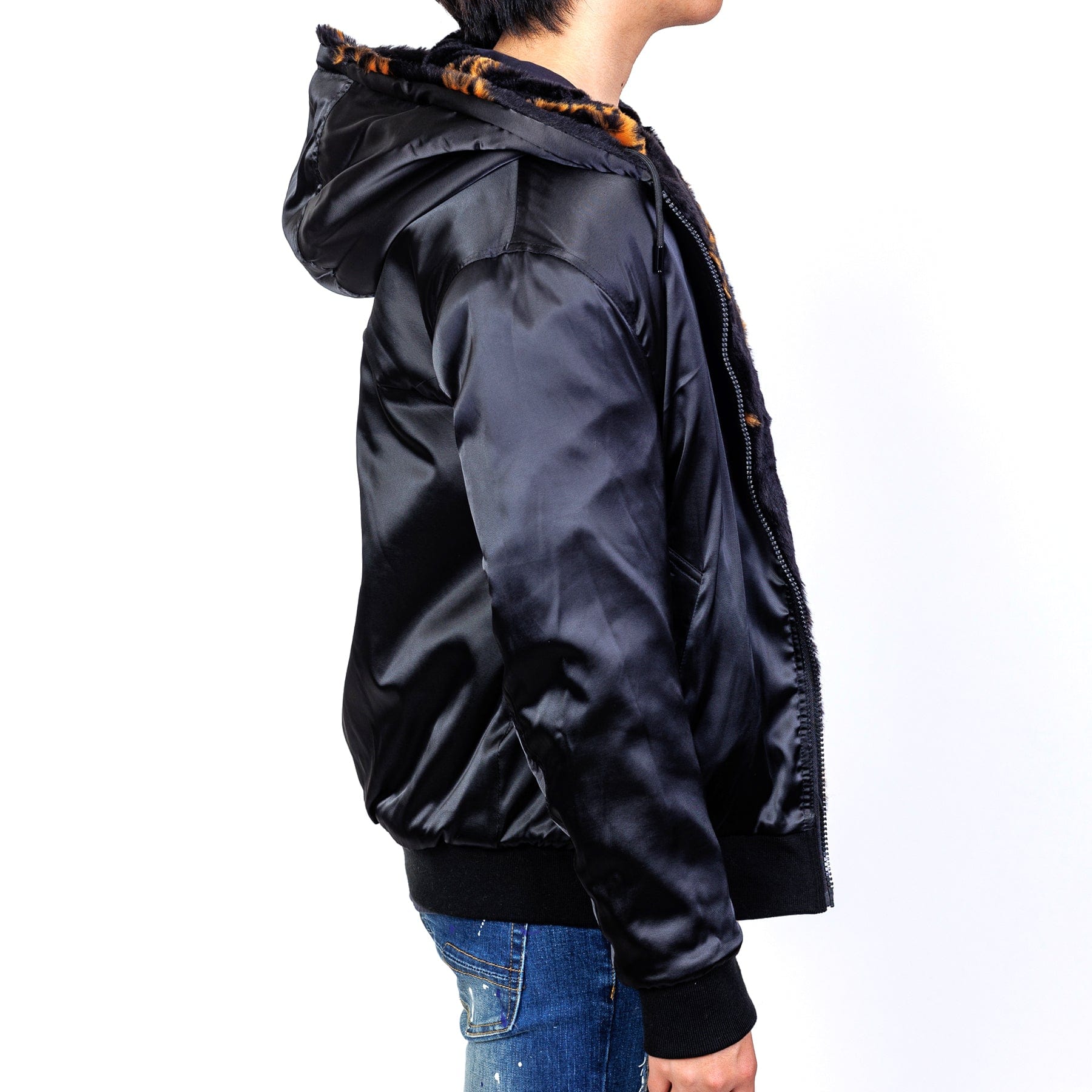 Jeff Black Reversible Faux Fur Bomber Jacket with Amillion typo pattern - Love to KleepCoats & JacketsAMILLION BY KLEEPLove to Kleep