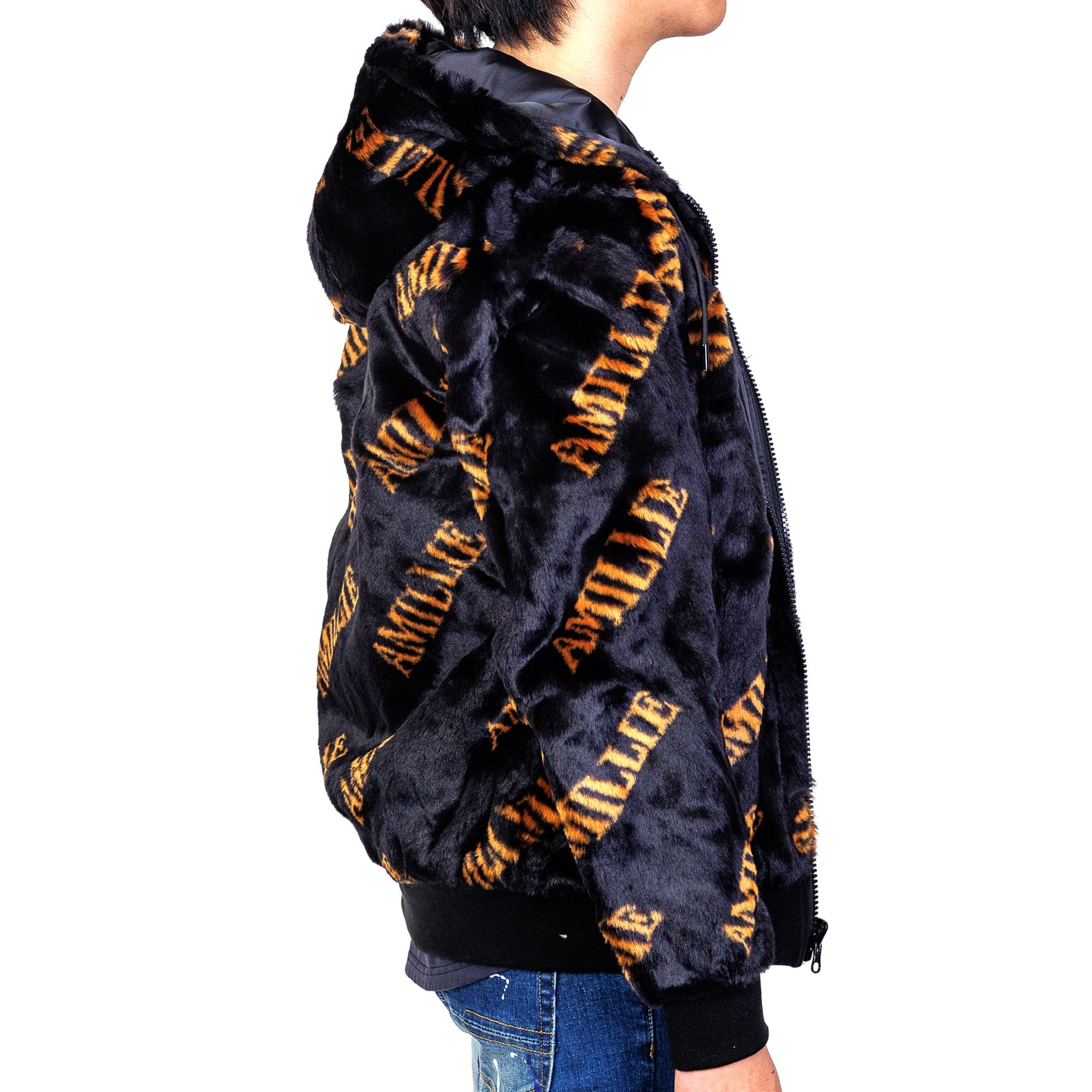 Jeff Black Reversible Faux Fur Bomber Jacket with Amillion typo