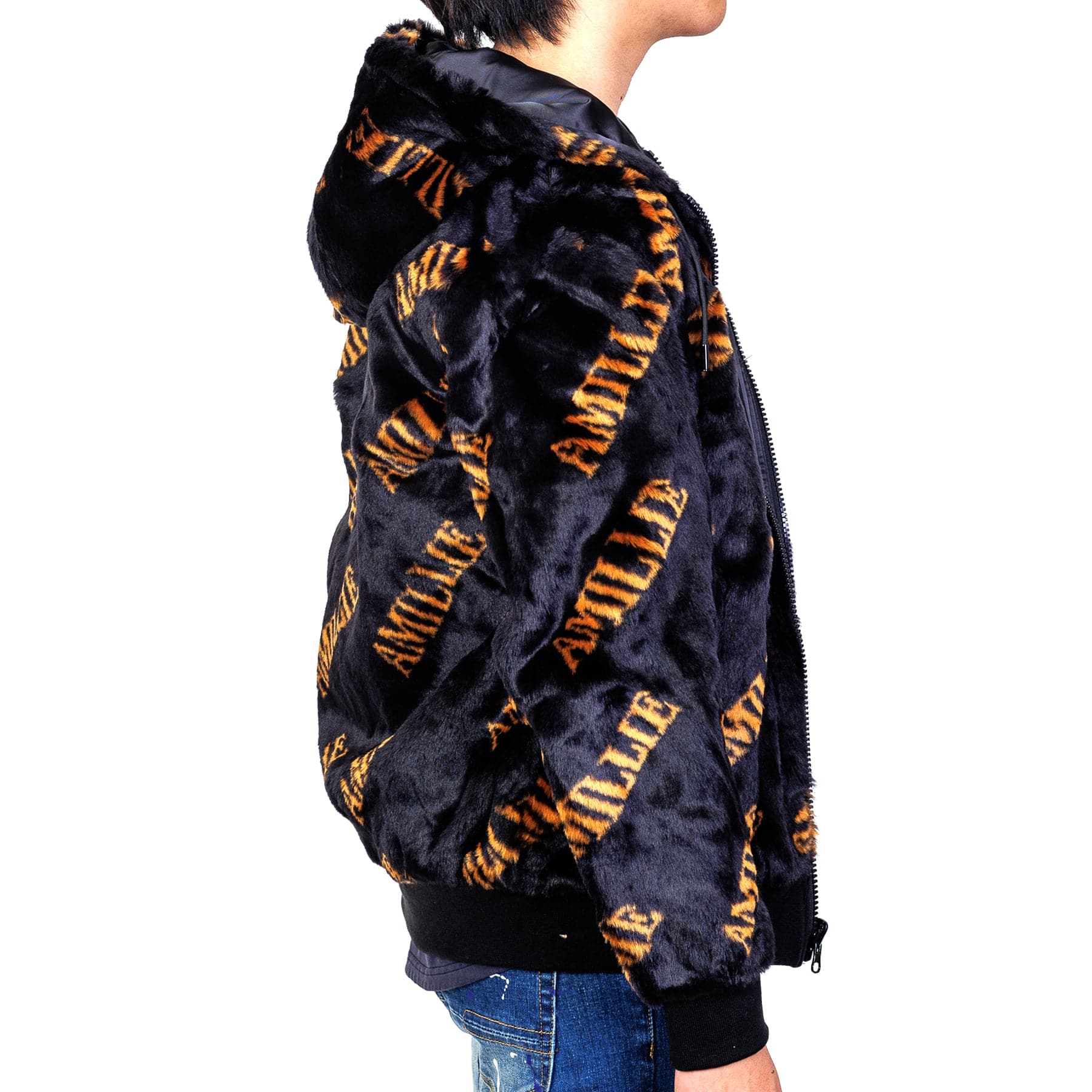 Jeff Black Reversible Faux Fur Bomber Jacket with Amillion typo pattern - Love to KleepCoats & JacketsAMILLION BY KLEEPLove to Kleep