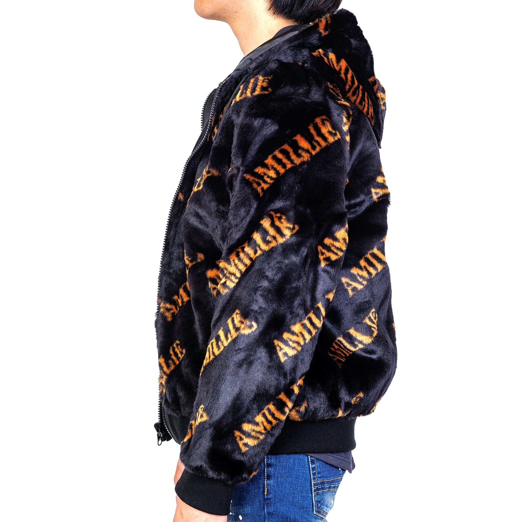 Jeff Black Reversible Faux Fur Bomber Jacket with Amillion typo pattern - Love to KleepCoats & JacketsAMILLION BY KLEEPLove to Kleep