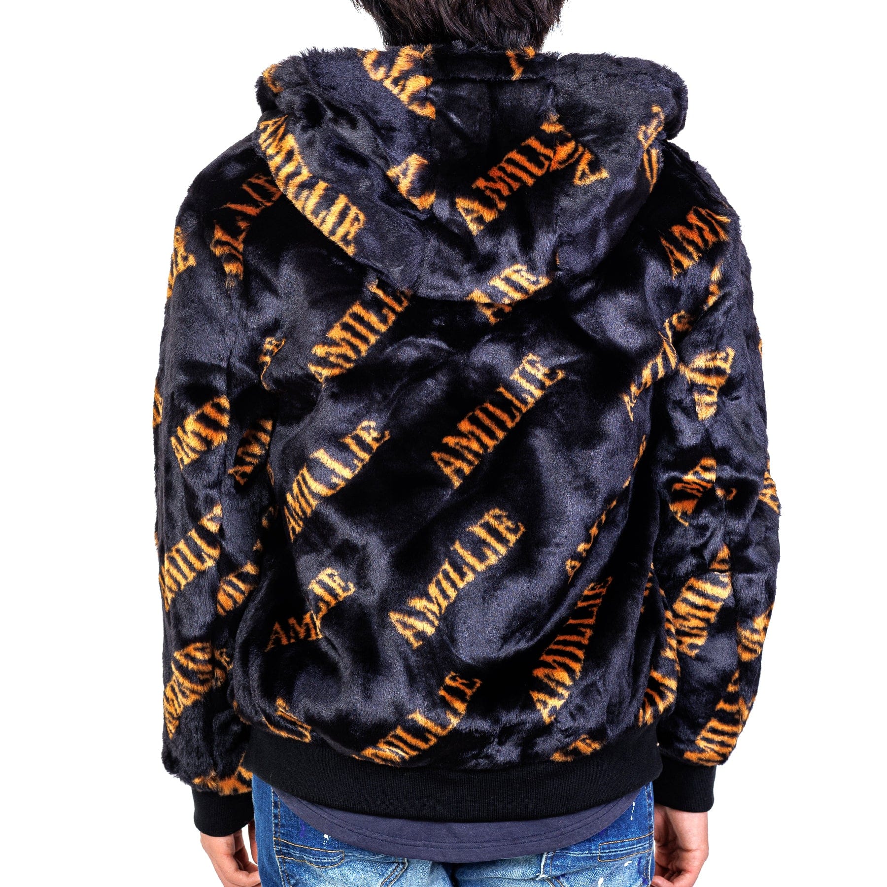 Jeff Black Reversible Faux Fur Bomber Jacket with Amillion typo pattern - Love to KleepCoats & JacketsAMILLION BY KLEEPLove to Kleep