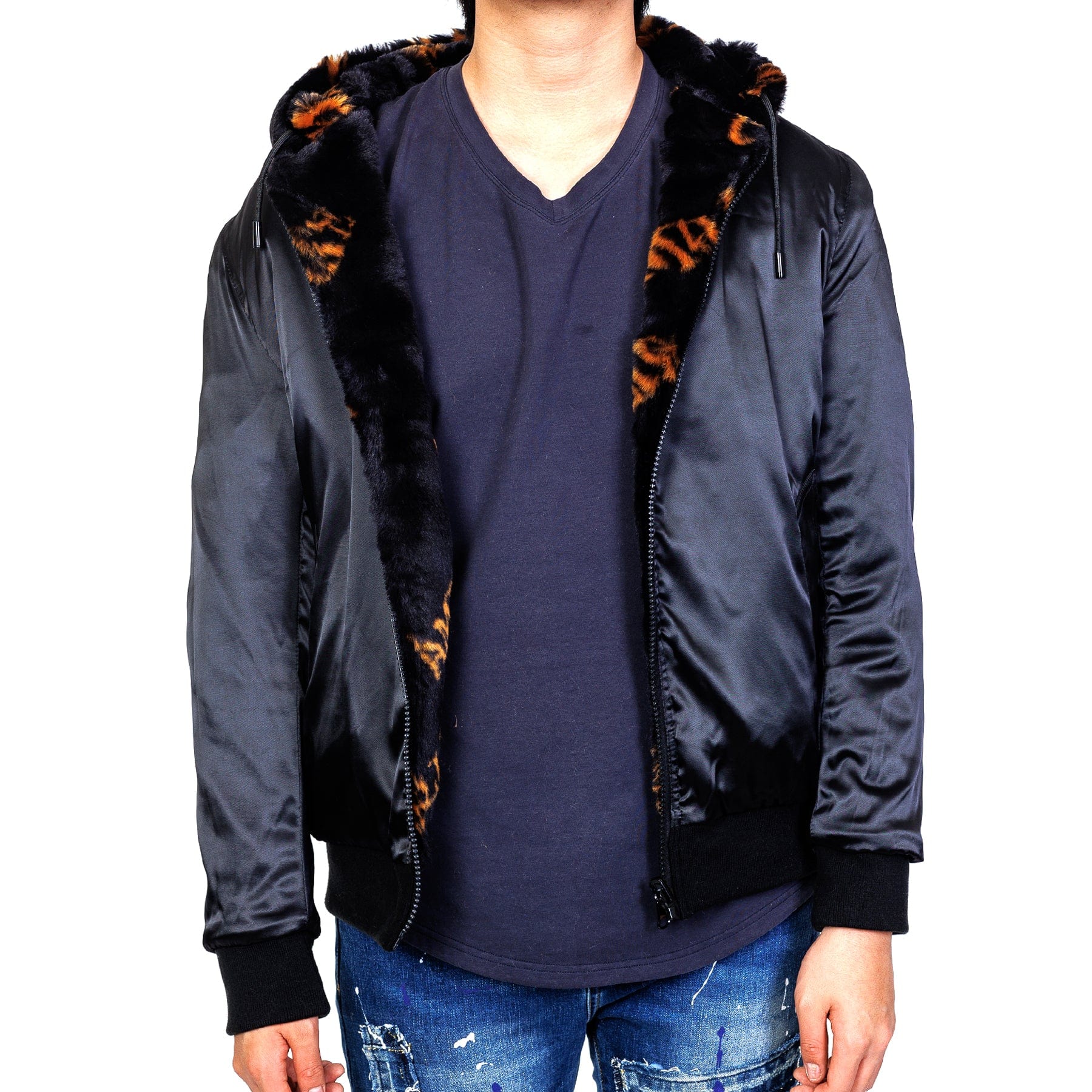 Jeff Black Reversible Faux Fur Bomber Jacket with Amillion typo pattern - Love to KleepCoats & JacketsAMILLION BY KLEEPLove to Kleep