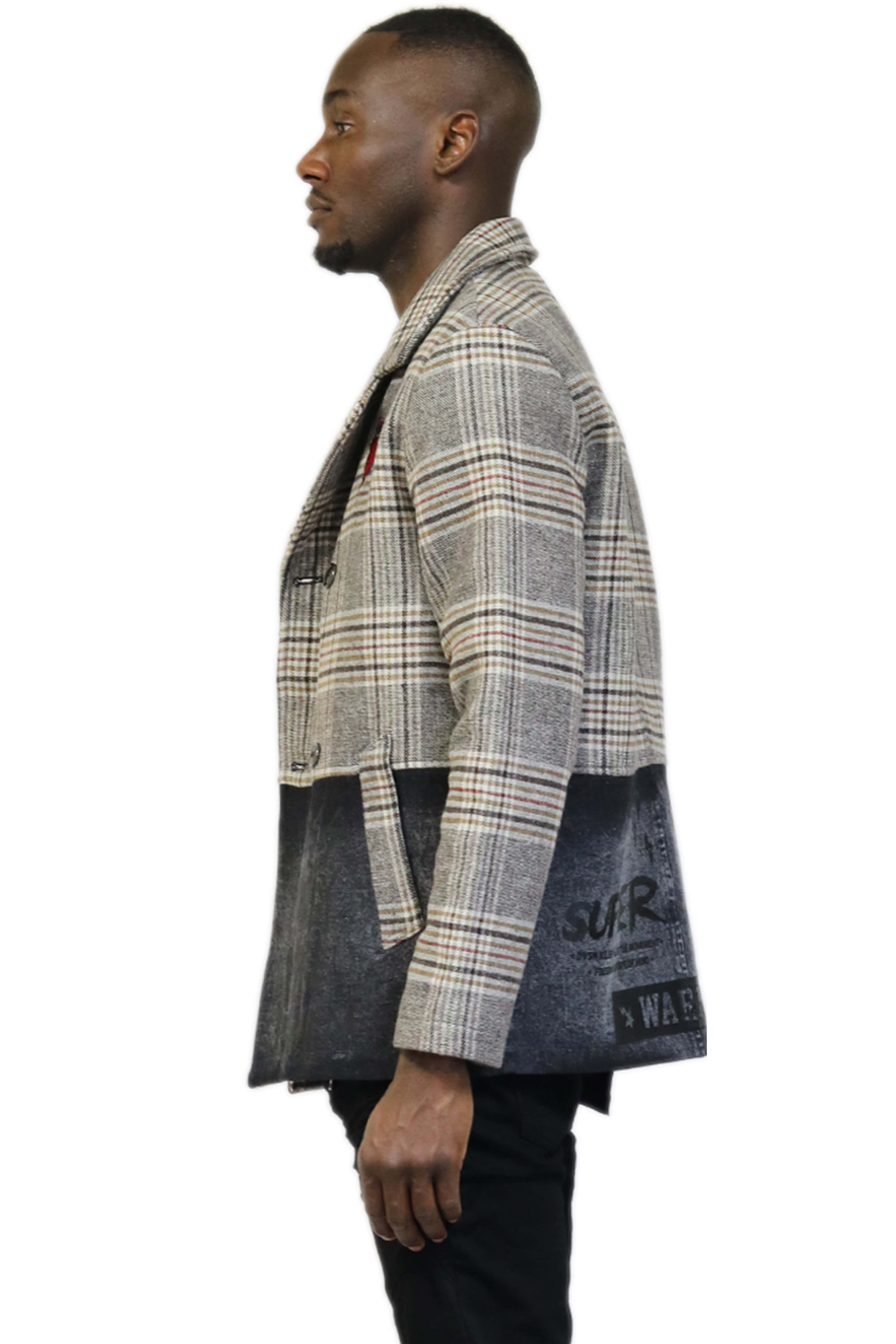 CADEN Men's premium heavy wool with denim mixed trench coat