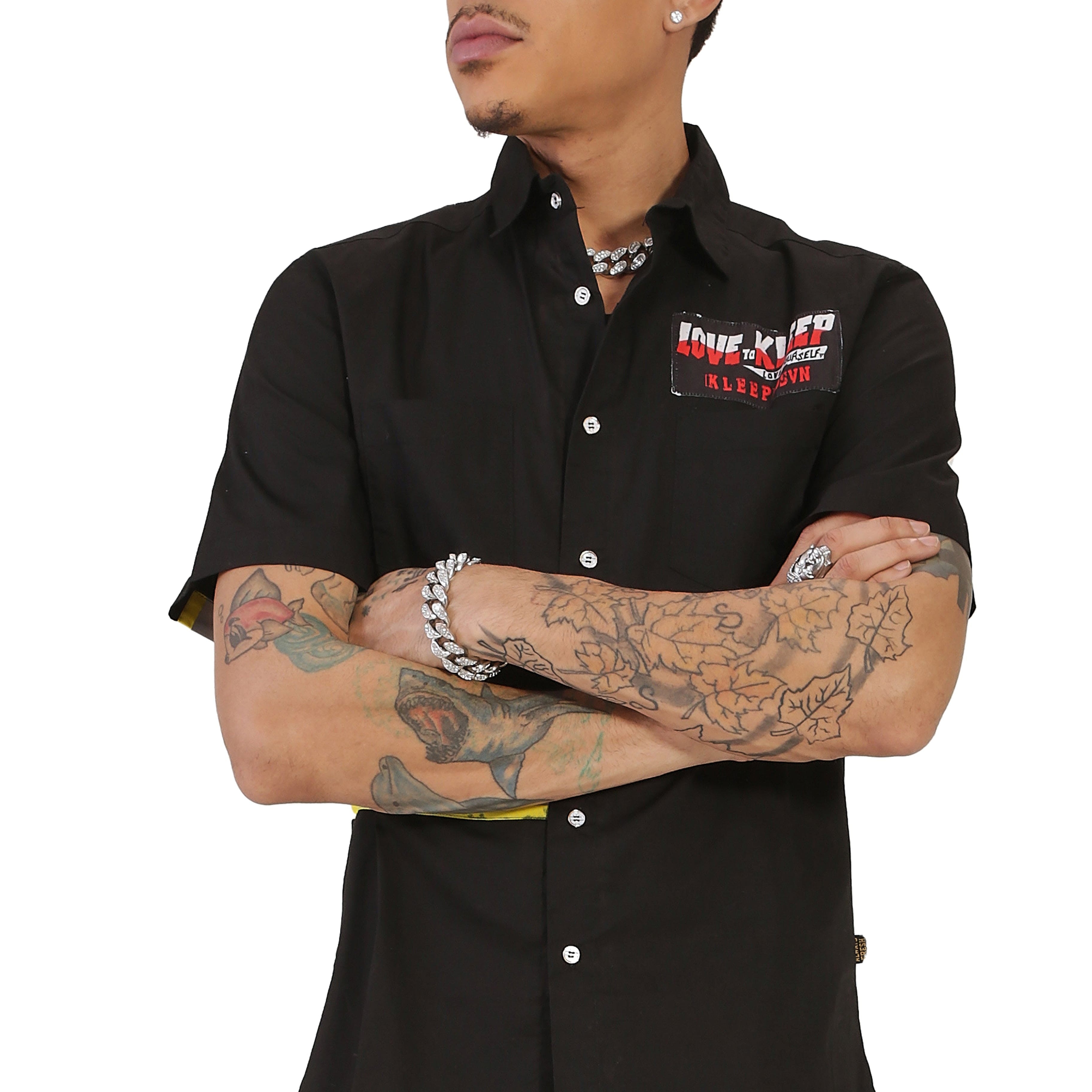 KLEEP Men's Shirt KINYO Men's premium poplin black shortsleeve buttondown shirt